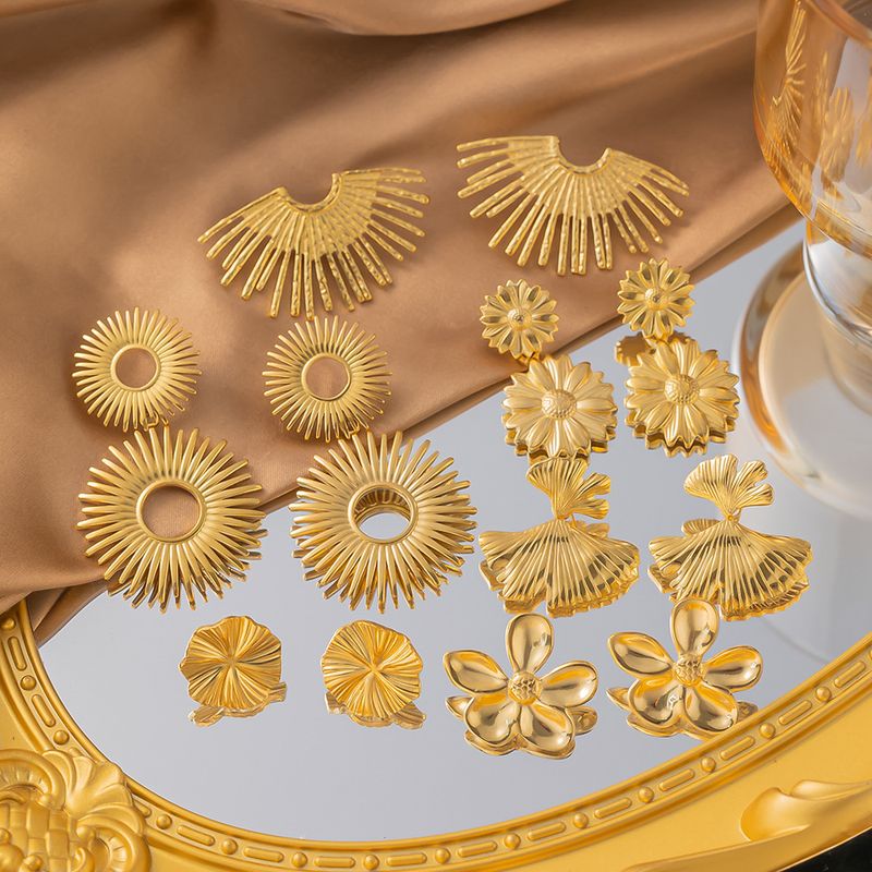 INS Style Classic Temperament Versatile Hollow Gold Stainless Steel Double-layer Sunflower Earrings For Women_voghion.com