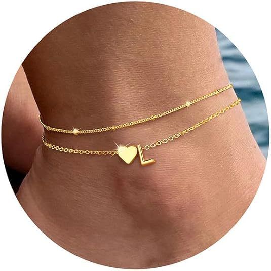 Capital English Multi-layer Double-layer Simple Fashion 26 Letters Small Heart Pendant Anklet Jewelry_voghion.com