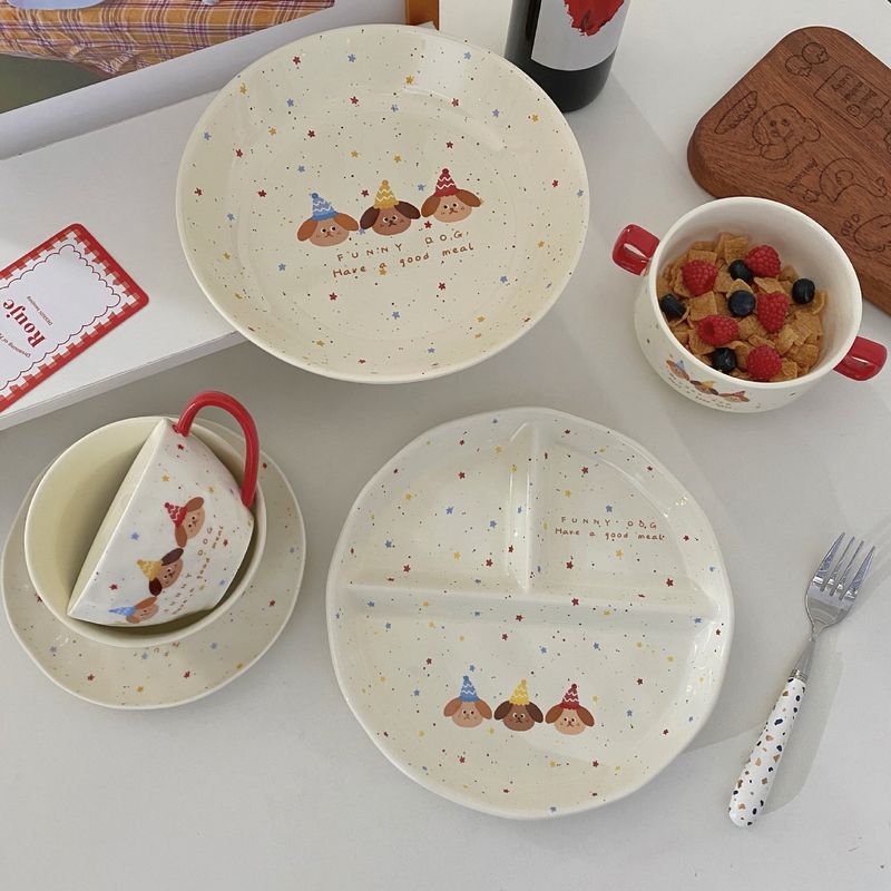 Ins Style Korean Polka Dot Puppy Creative Household Dish Divided Plate Rice Bowl Cute Ceramic Cup Saucer_voghion.com