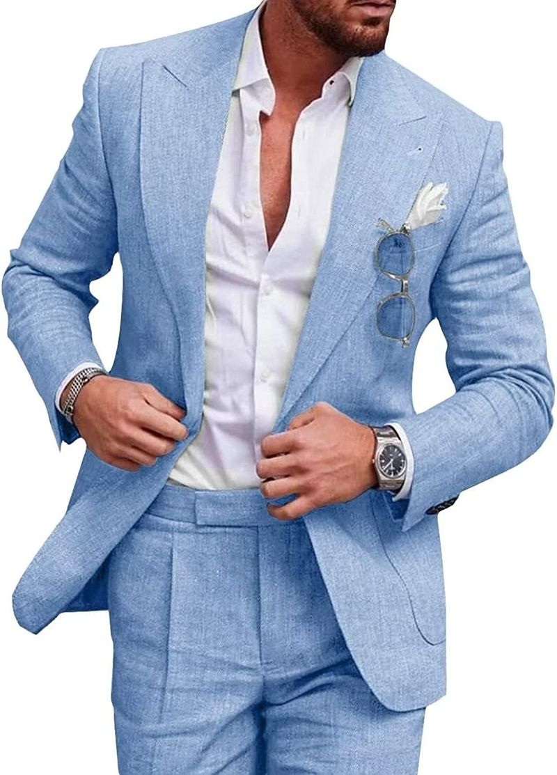 Abbigliamento da uomo nuovi abiti da uomo di grandi dimensioni abiti a due pezzi abiti in lino tinta unita con un bottone (stock completo)_voghion.com