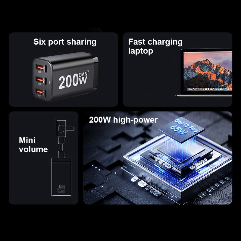USB C 200W 6-Port Charging Fast Gan Charger Power Adapter For IPhone 14/13/12 Series, Samsung Galaxy S23/S22/S21_voghion.com