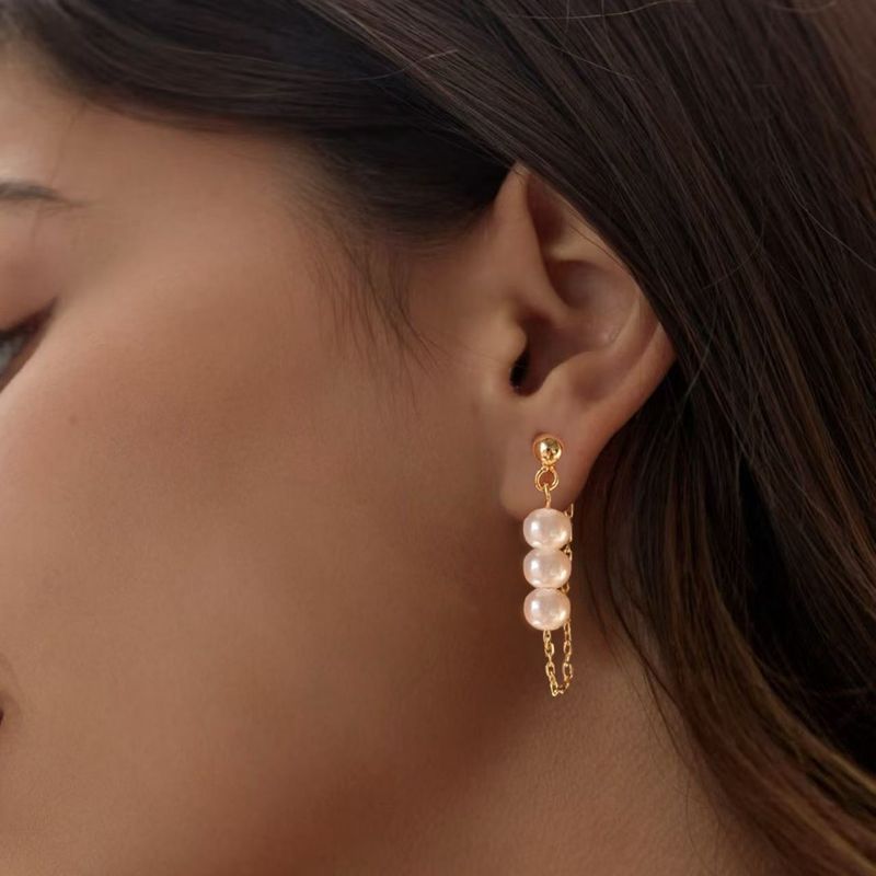 Hot Sale Brass Real Gold Plated Fashionable Personality Front And Back Wear Style Zircon Pearl Tassel Earrings_voghion.com