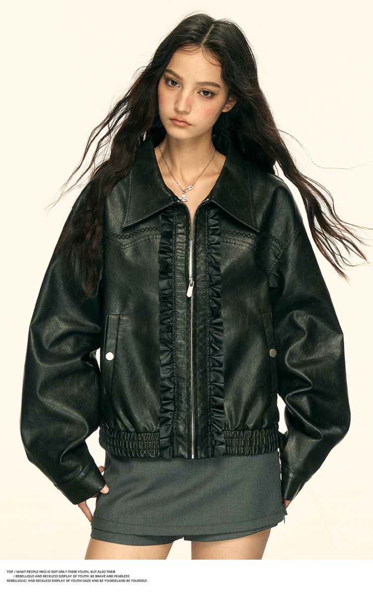 Aaisup American Style Solid Color Leather For Women Early Autumn New Design Sense Ruffled Edge Versatile Casual Jacket_voghion.com
