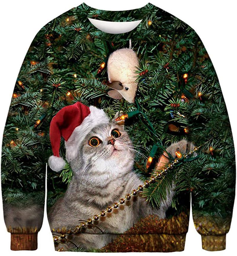 Felpa da uomo a maniche lunghe con stampa digitale a colori 3D, motivo: animale di Halloween, gatto, miagolio, stella_voghion.com