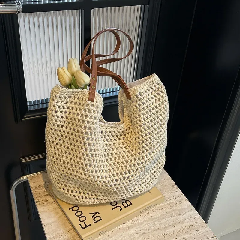 Borsa a mano da donna di grande capacità, in stile pigro, con tracolla singola, in tessuto, per le vacanze al mare, in primavera_voghion.com