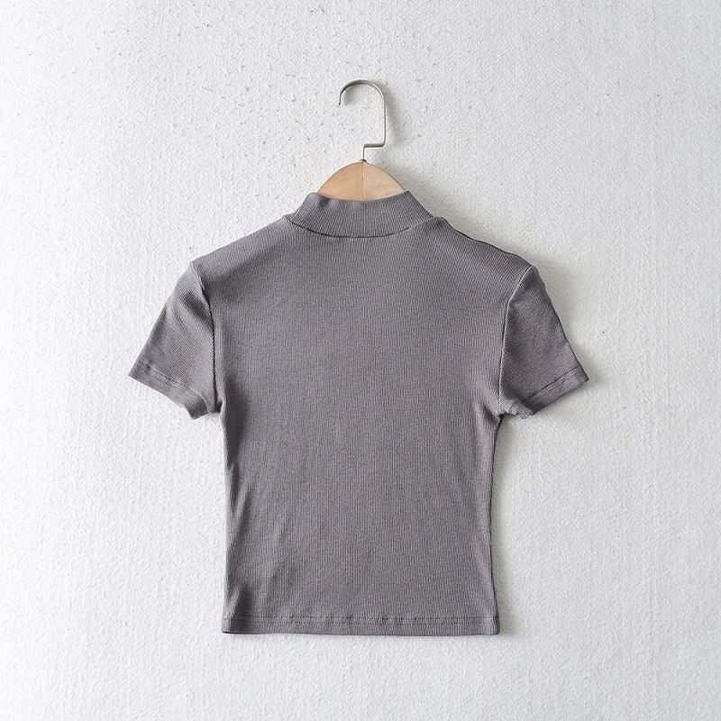 YPFF New Careful Machine Exposed Navel Half High Neck Short Sleeved T-shirt Women's Basic Versatile Slim Fit Top_voghion.com