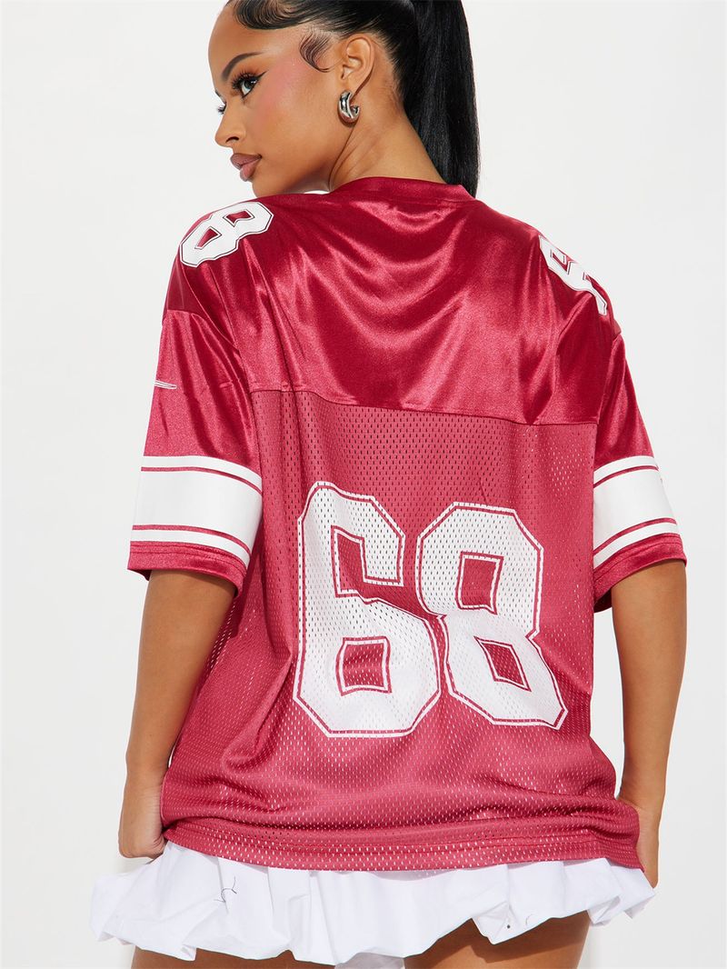 Dameskleding Splicing Letter Printing Losse Sport Stijl Jersey Korte Mouw T-shirt_voghion.com