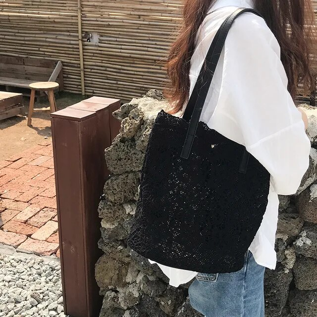 Spring and Summer New Korean Mori Lace Beautiful One Shoulder Handbag Ladies Large Capacity Bucket Shopping Bag_voghion.com