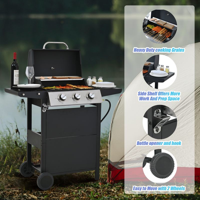 Propane Gas Grill 3 Burner Barbecue Grill, Stainless Steel 26,000 BTU Patio Garden Barbecue Grill With Two Shelves, Lid, Wheels And Bottle Opener_voghion.com