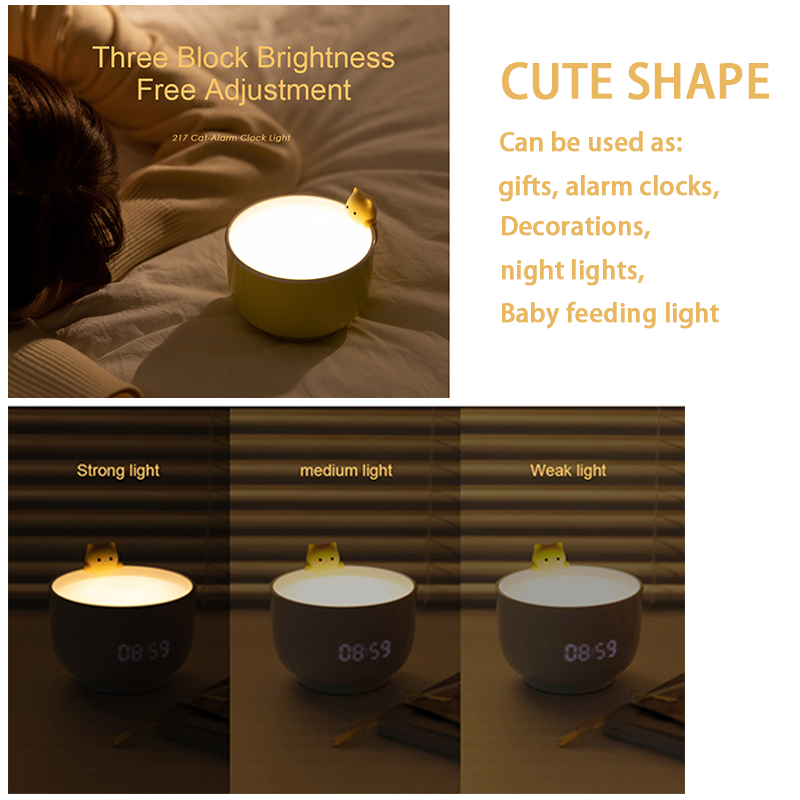 LED Nuetslicht Digital Wecker USB Laden Dräi-Niveau Dimmen Cute Cat Baby Fütterungslampe Schlofkummer Kanner Kanner Kaddoe_voghion.com