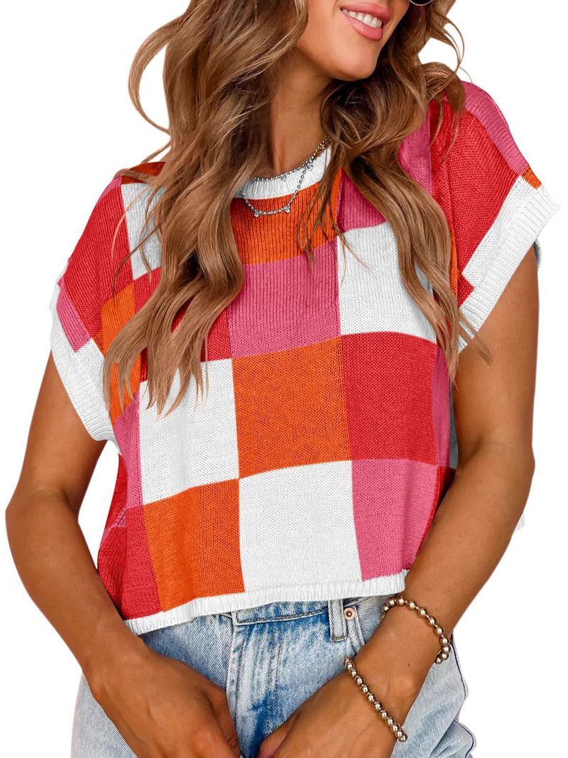 2024 Frühling Sommer Kappe Crop Top Ärmel Farbblock Rundhals Gestrickte Schachbrett Pullover Kurze_voghion.com