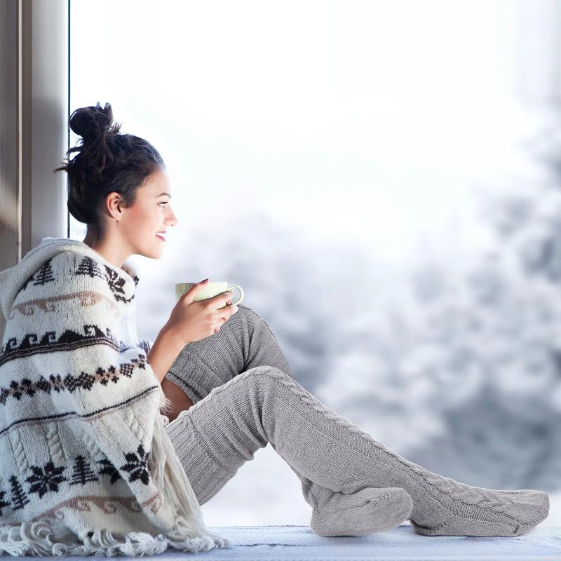 Unisex Overknee-Socken aus Flor, dicke Woll-Bodensocken für Damen, Fußwärmer, gestrickt, lange Overknee-Socken_voghion.com
