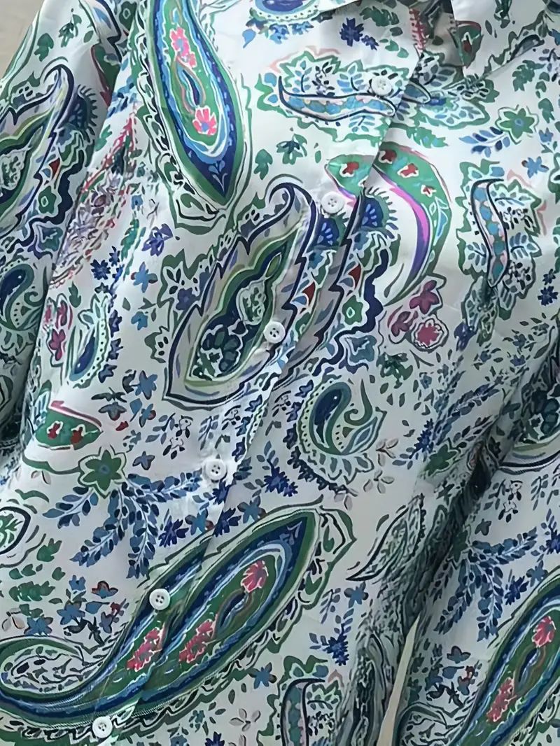 Camicia con bottoni stampati sul davanti, stile bohémien, a maniche lunghe, con colletto alto_voghion.com
