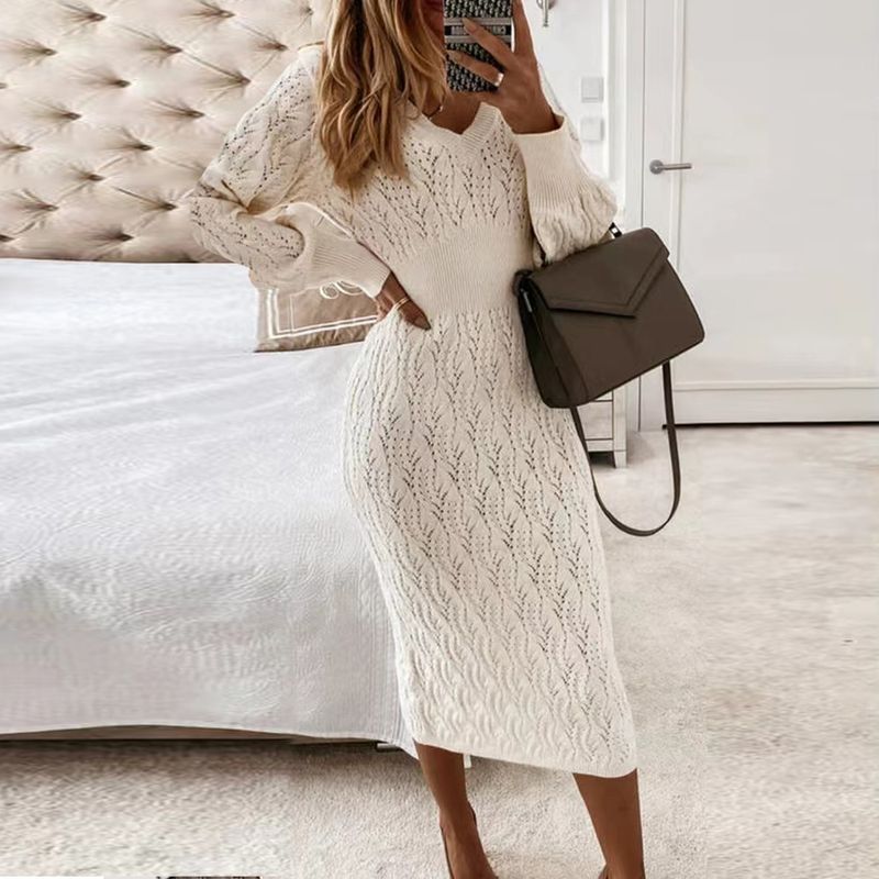 Elegante abito in maglia all'uncinetto traforato con scollo a V e maniche a lanterna per donna, abito midi aderente a vita alta in albicocca (taglia unica)_voghion.com