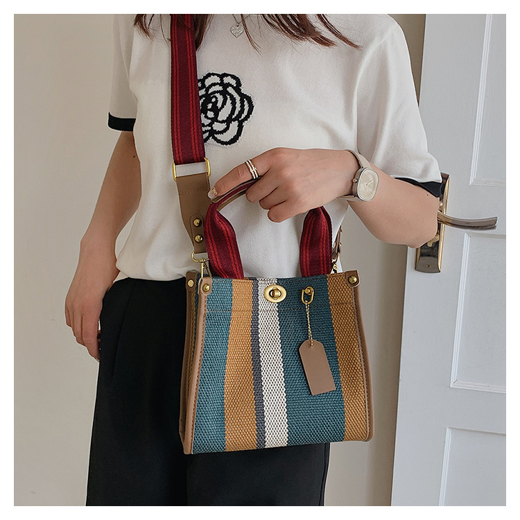 Borsa tote da donna, borsa tote a mano alla moda a righe da donna, borsa a tracolla monospalla in tela color-block di grande capacità_voghion.com