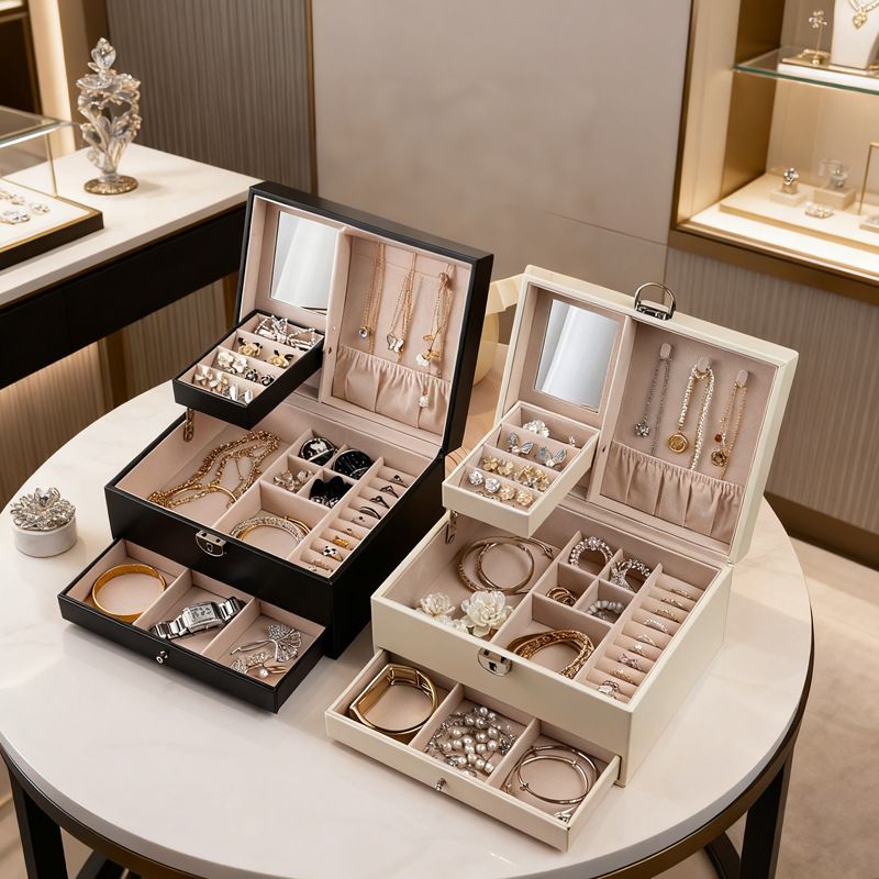 Premium Leather Jewelry Box With Lock - Elegant Storage Organizer For Earrings, Rings & Necklaces - 3-Layer Drawer Design_voghion.com