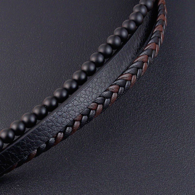 Natural Volcanic Stone Multi-layer Men's Leather Woven Bracelet_voghion.com
