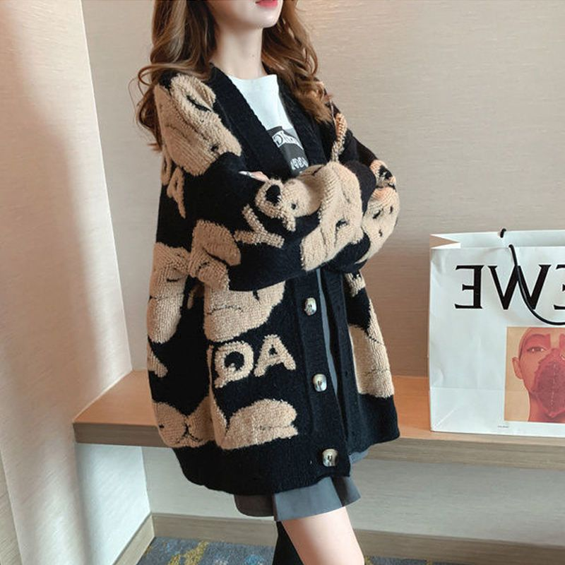 2021 winter knitted women's cardigan loose Street knitted sweater coat lovely cartoon embroidery V-neck cardigan women's_voghion.com