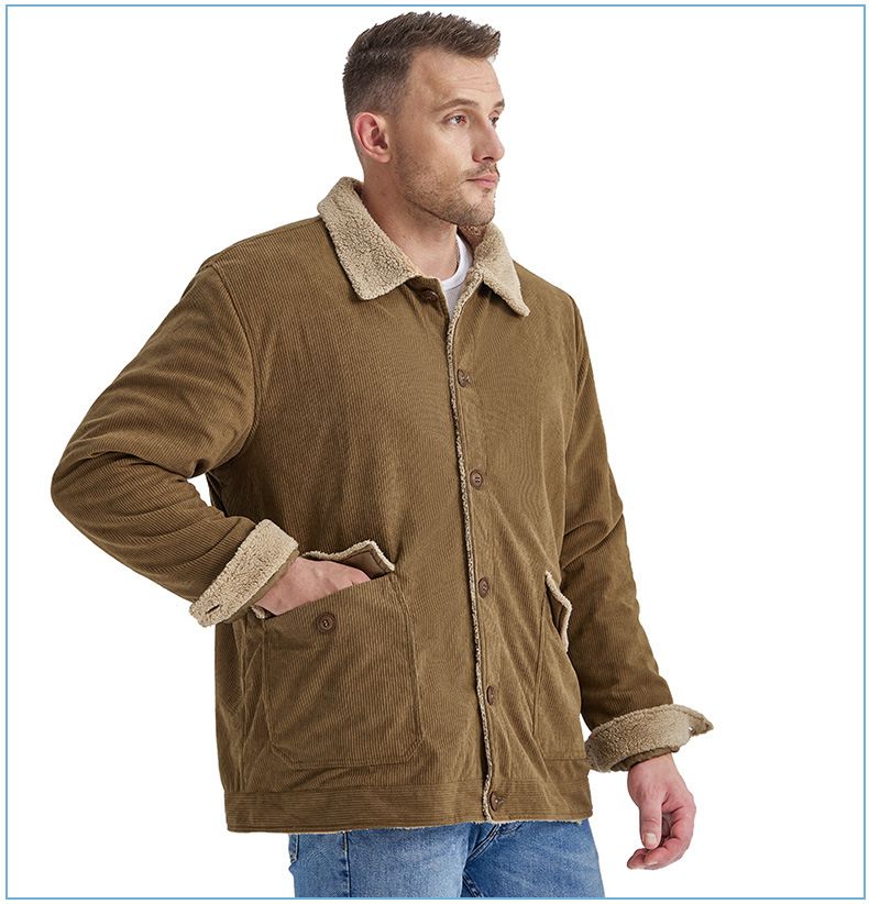 "Herrenjacke aus Cord und Lammfell mit Revers – Plüschiger, dicker Mantel in großer Größe (Schwarz/Grün/Hellbraun, S-XXL)"_voghion.com