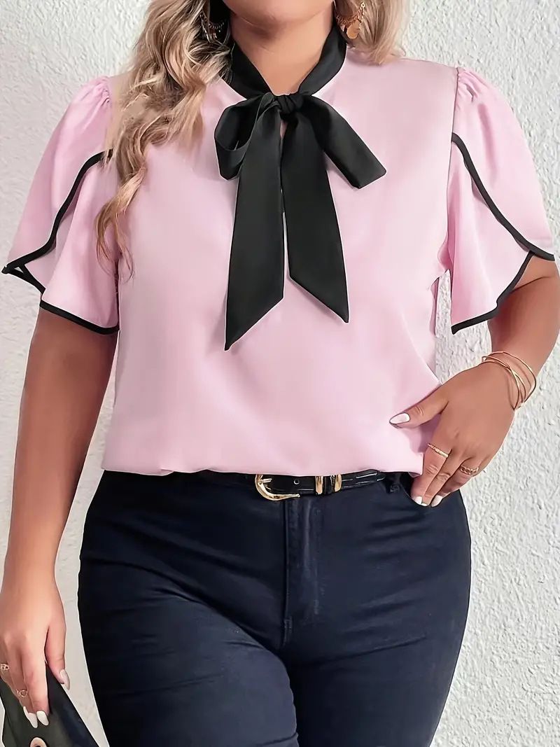 Camisa de talla grande con cuello a juego para mujer, camisa elegante con manga de pétalos, talla grande_voghion.com