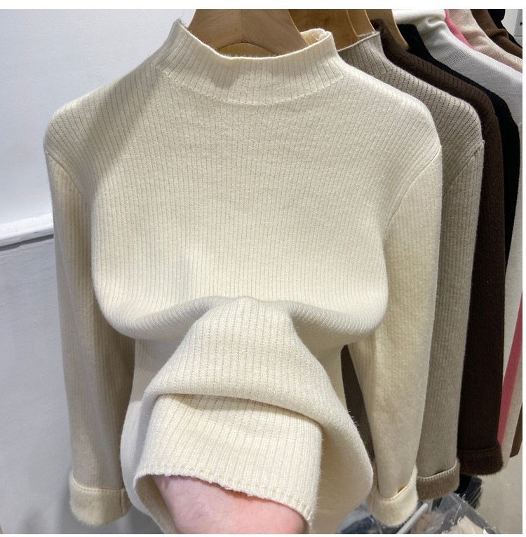 Maglia invernale da donna in maglia con fodera in pile, manica lunga, collo semi-dolce, strato di base termico, vestibilità slim, colore puro_voghion.com