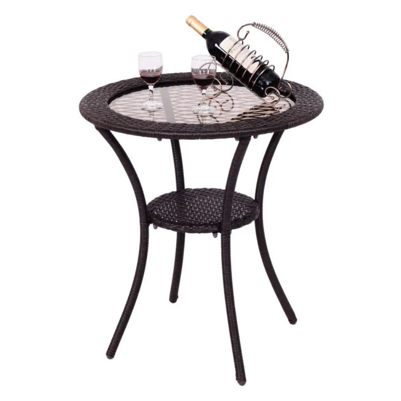 Round Lower Coffee Rattan Table With Shelf Wicker_voghion.com