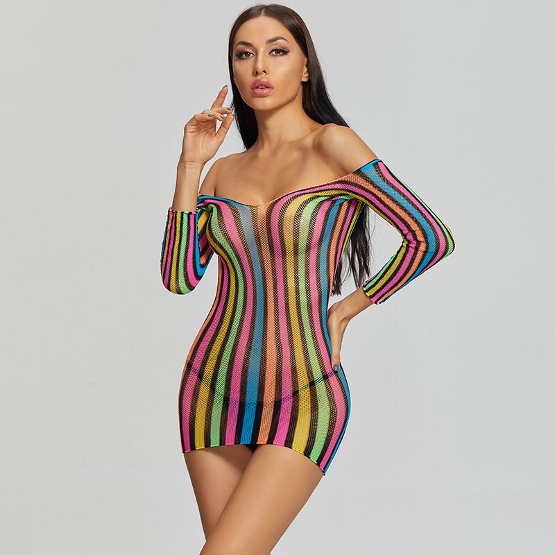 Yuedie Dessous Siebenfarbig Langarm Bodycon Einteiler Mesh Uniform Versuchung Sexy Kurzes Kleid 8919_voghion.com