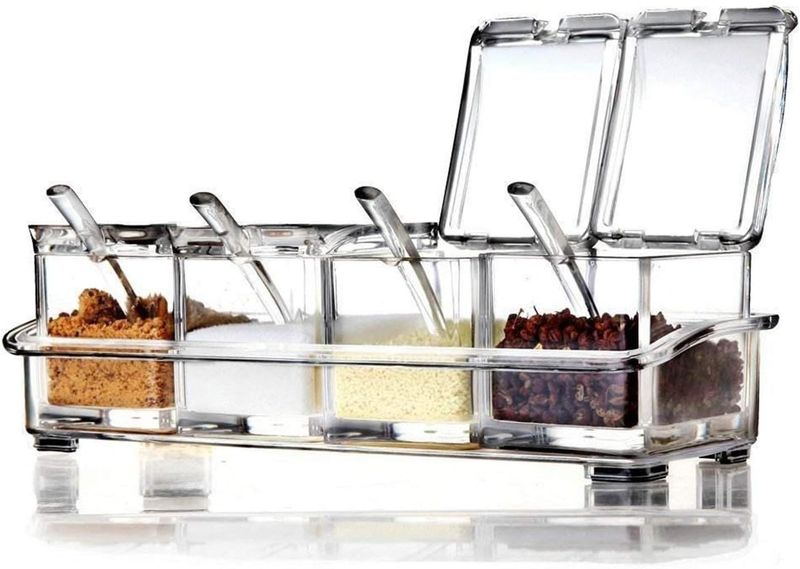 Contenitore per spezie in acrilico trasparente, 4 pezzi, contenitore per spezie, bottiglia per olio con coperchio e cucchiaio_voghion.com