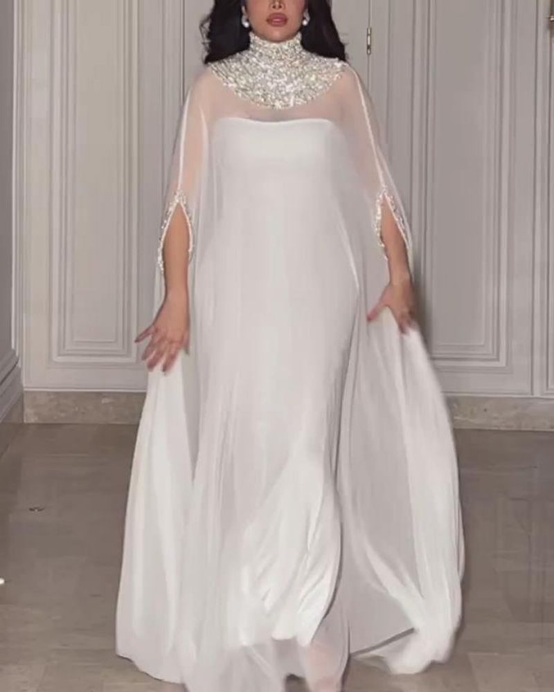 Women's Clothing Spring And Summer New Middle East Elegant Sexy Cloak Sequined Chiffon Banquet Evening Dress Two-Piece Set_voghion.com