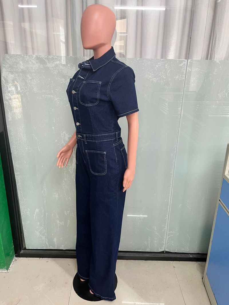 Mono vaquero holgado, elástico, acampanado, lavado, de manga corta, con pantalones de pierna ancha_voghion.com