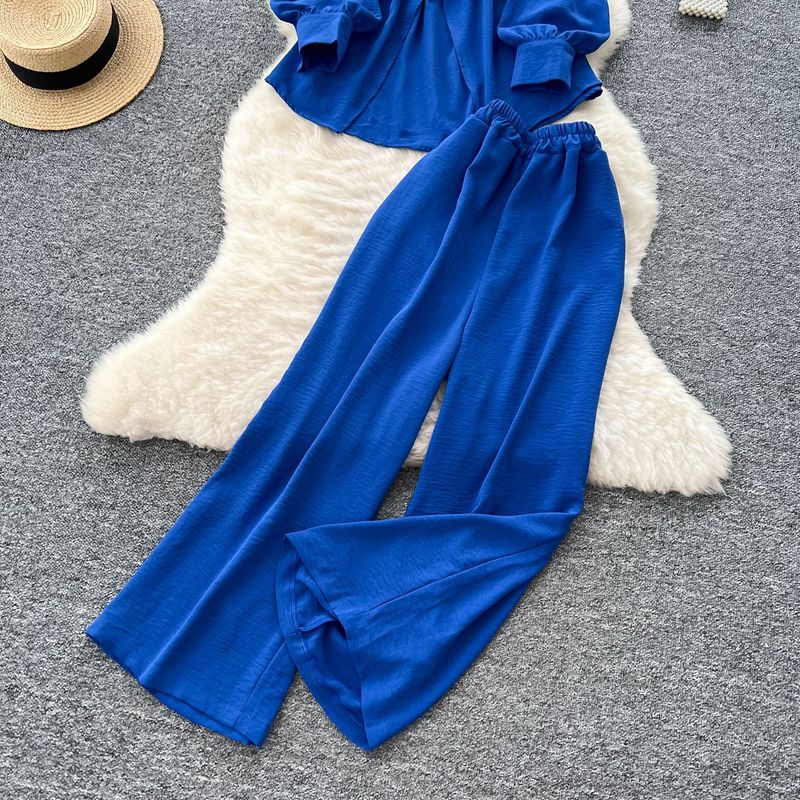 Women's Clothing Light Mature Style Casual Tie Waist Long Sleeve Single Breasted Shirt High Waist Wide Leg Straight Pants Loose Feeling Two Piece Set_voghion.com