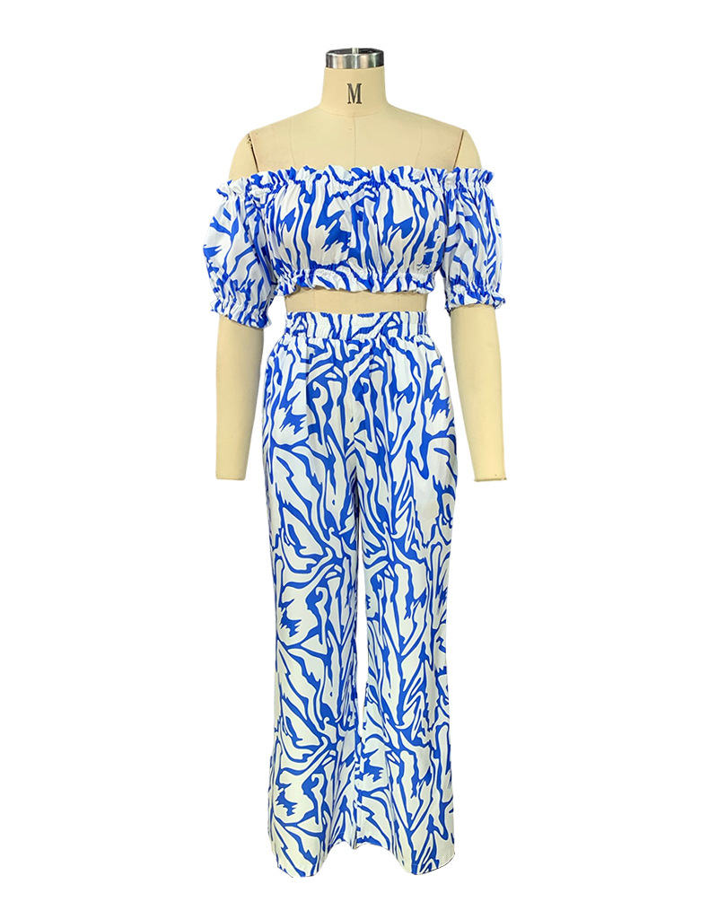 Damen-Stil, One-Shoulder-Kurzarm, modisch bedruckte Hose, zweiteiliges Hosen-Set_voghion.com