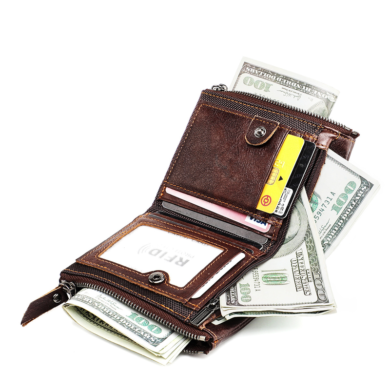 Genuine Leather Wallets for Women Men Small Rfid Wallet Short Bifold Card Holder Men's Wallet with 3 Zipper Pockets Coin_voghion.com