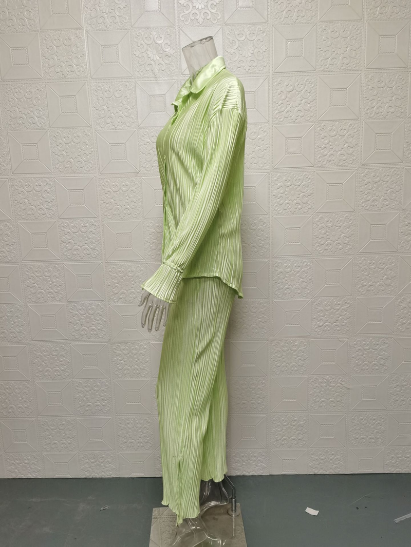 Set di due pezzi, camicia cardigan a maniche lunghe plissettata a maniche lunghe da donna per la primavera e l'autunno, top con spacco e pantaloni_voghion.com