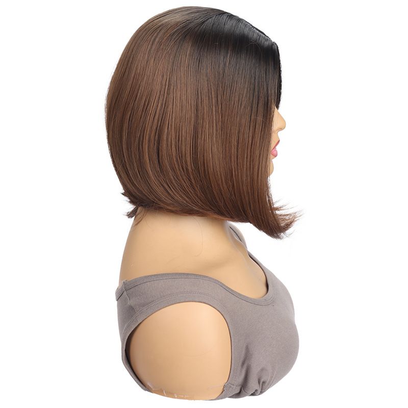 Synthetic Clip-in Ladies Brown Dyed Middle Parted Short Straight Hair Synthetic Wig Bob Inner Curling Wig_voghion.com