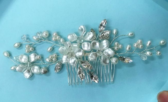 Conjunto de joias femininas da moda para noivas, pente de cabelo de pérolas feito à mão, flor branca, fio de cobre, acessórios para cabeça de noiva_voghion.com
