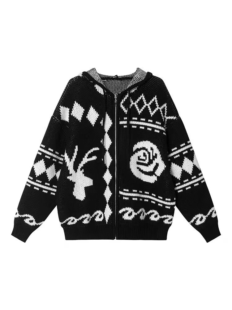 ragazza ragazza ragazza 2025 autunno inverno retrò jacquard color-block maglione con cappuccio cappotto per le donne, stile pigro cerniera allentata maglia cardigan,_voghion.com