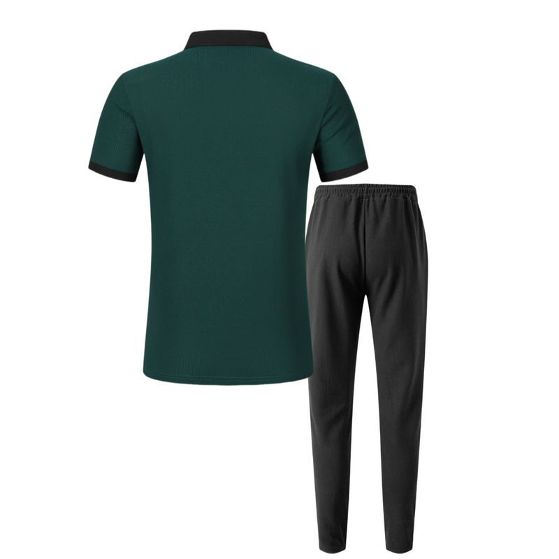 Men's Clothing New Waffle Color Stitching Lapel Chest Pocket Button Short Sleeved Trousers Suit_voghion.com