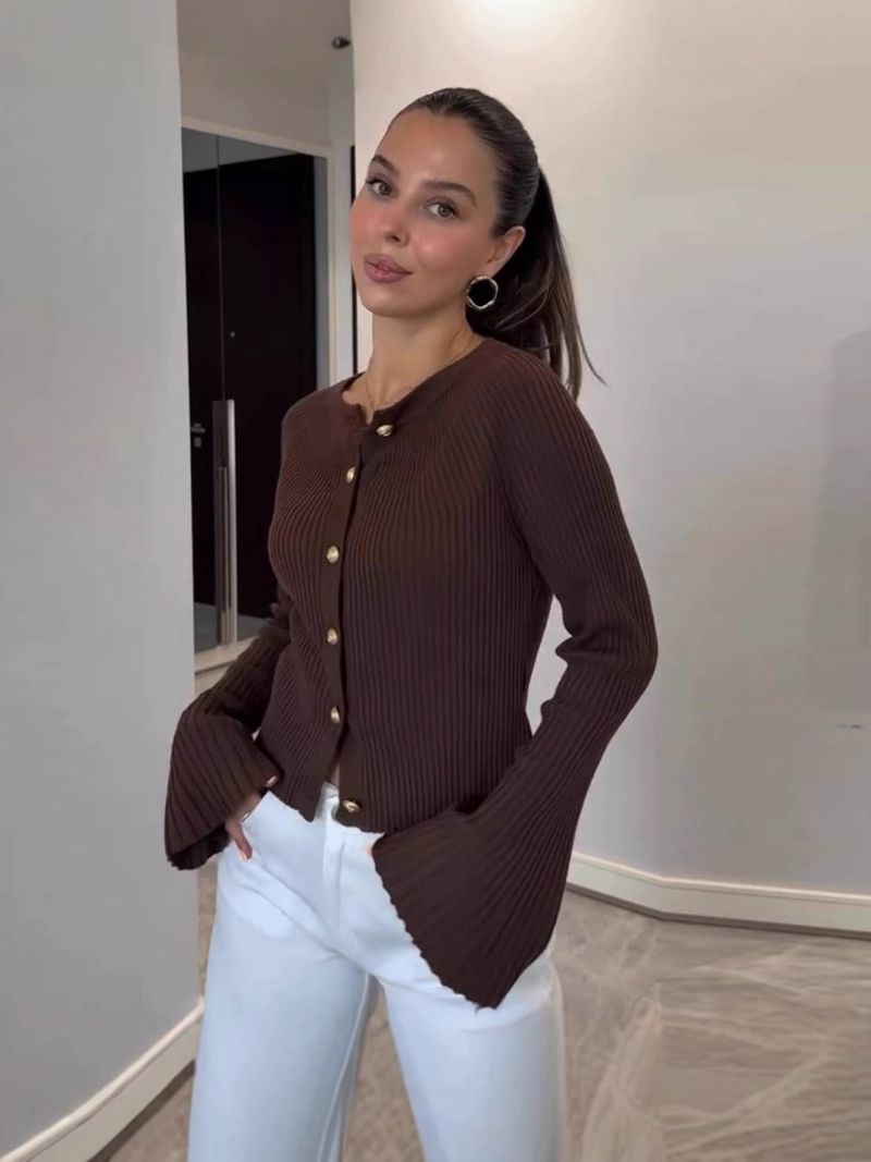 Women's Ribbed Long Sleeve Knit Cardigan - Solid Color Button-Up Top For Fall & Winter Fashion Trends_voghion.com