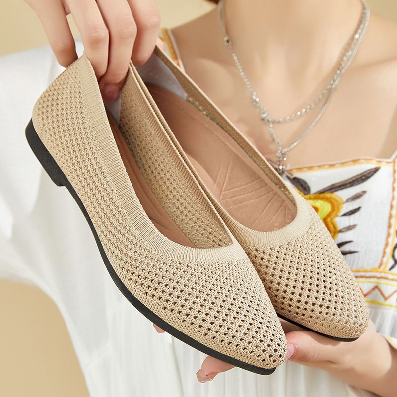 Women's Summer Solid Color Pointed Toe Flat Casual Breathable Ladies Hollow Out Fabric French Style Comfortable Single_voghion.com