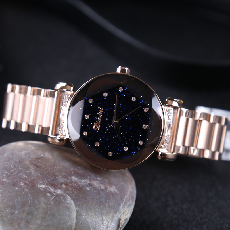 Demini Starry Sky Plate con cinturino in acciaio con diamanti Orologio da donna alla moda con doppio pulsante in oro rosa e viola_voghion.com