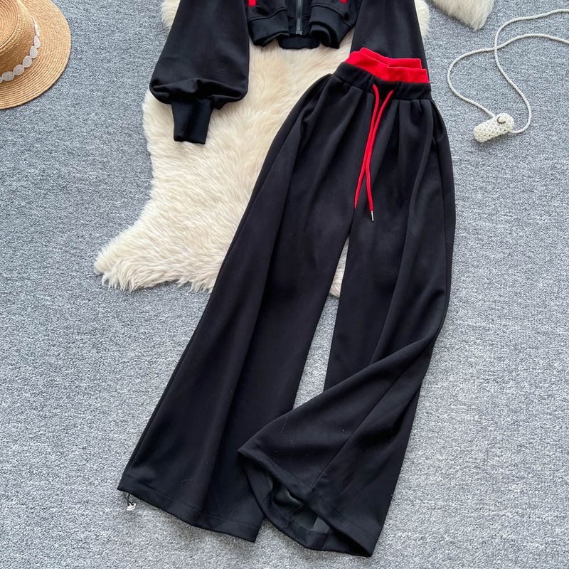 Completo con felpa con cappuccio color-block retrò e pantaloni con coulisse a vita alta – Giacca corta con cerniera, pannelli a contrasto e pantaloni da salotto affusolati (M/L)_voghion.com