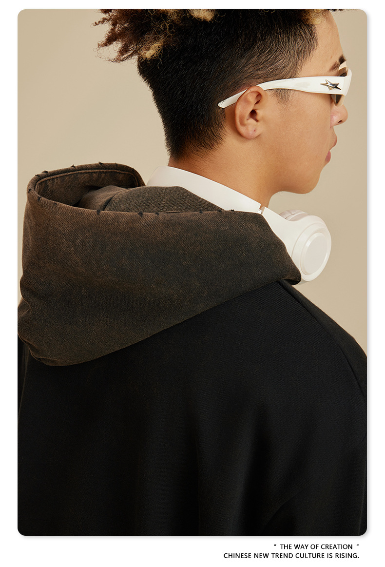 Abbigliamento da uomo Felpa con cappuccio Hipster con bordi stampati a lavaggio pesante, felpa con cappuccio hipster ampia da uomo_voghion.com