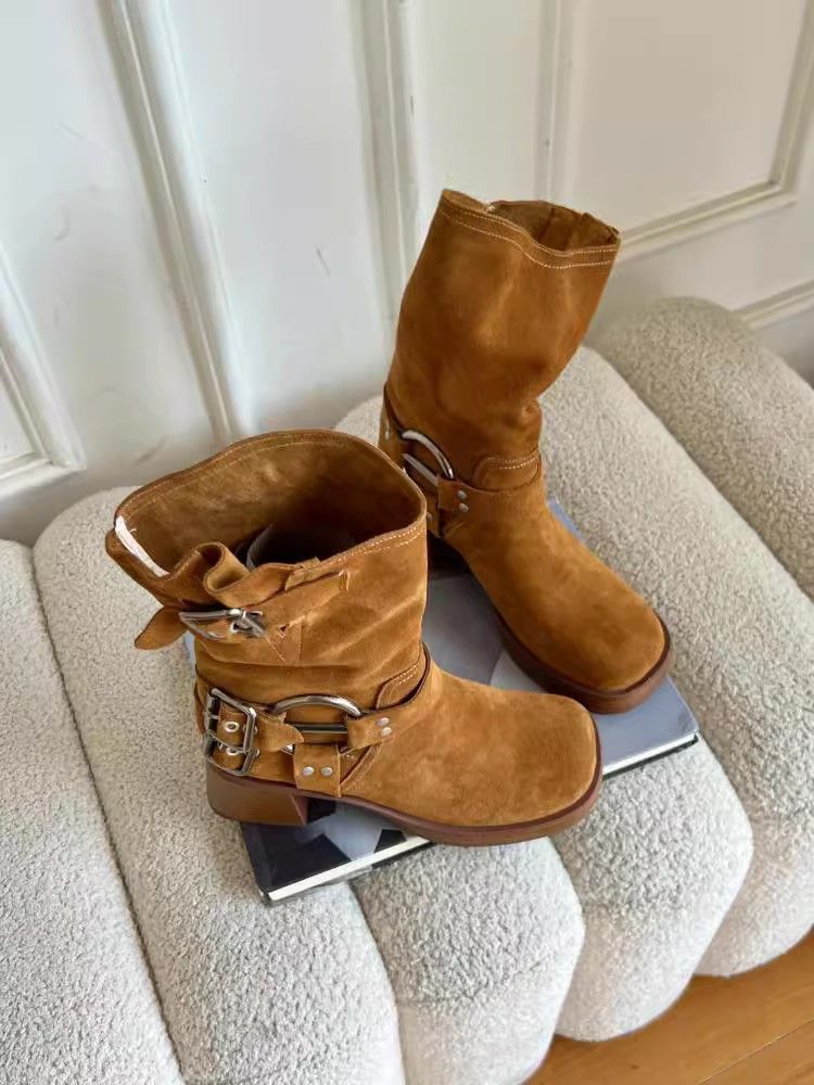 Matte Cowhide Western Cowboy Women's Genuine Leather Thick Heeled Short Boots, Square Toe Brown High Heels,_voghion.com