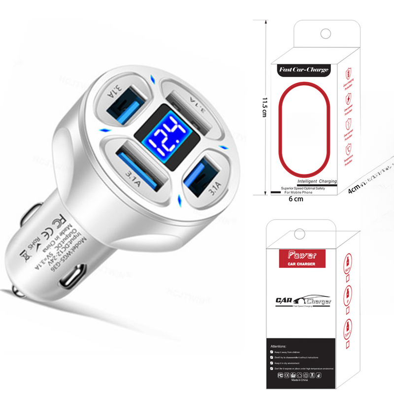 3.1A Digital Display 4-Port Gefier Charger mat Spannung, One Pull Four Multi Port Auto Laden_voghion.com