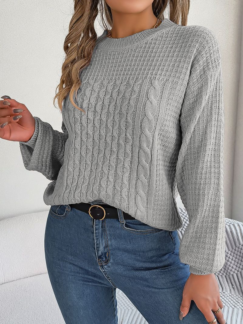 Maglione pullover casual con maniche a lanterna intrecciate, tinta unita, autunno e inverno 2023, moda donna_voghion.com