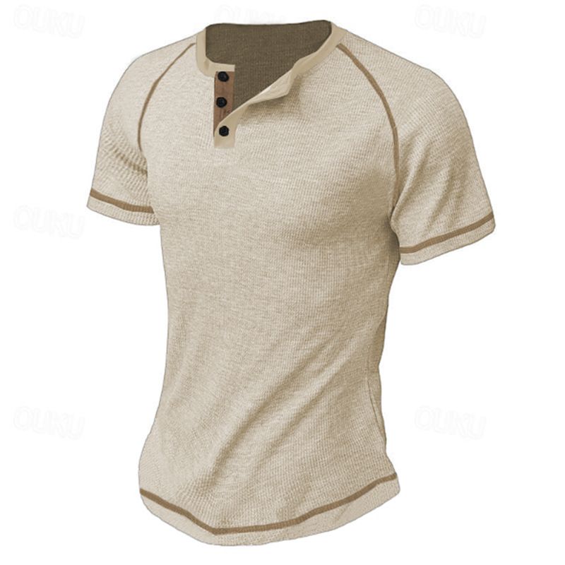 Large round neck buckle men's summer solid oversized waffle casual Henry T_voghion.com