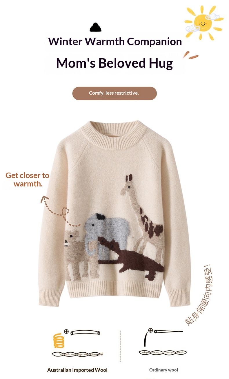 ToyPulse 100% Wool Children's Zoo Pattern Knitted Thickened Half Turtleneck Sweater Boys And Girls Pullover Base Layer_voghion.com