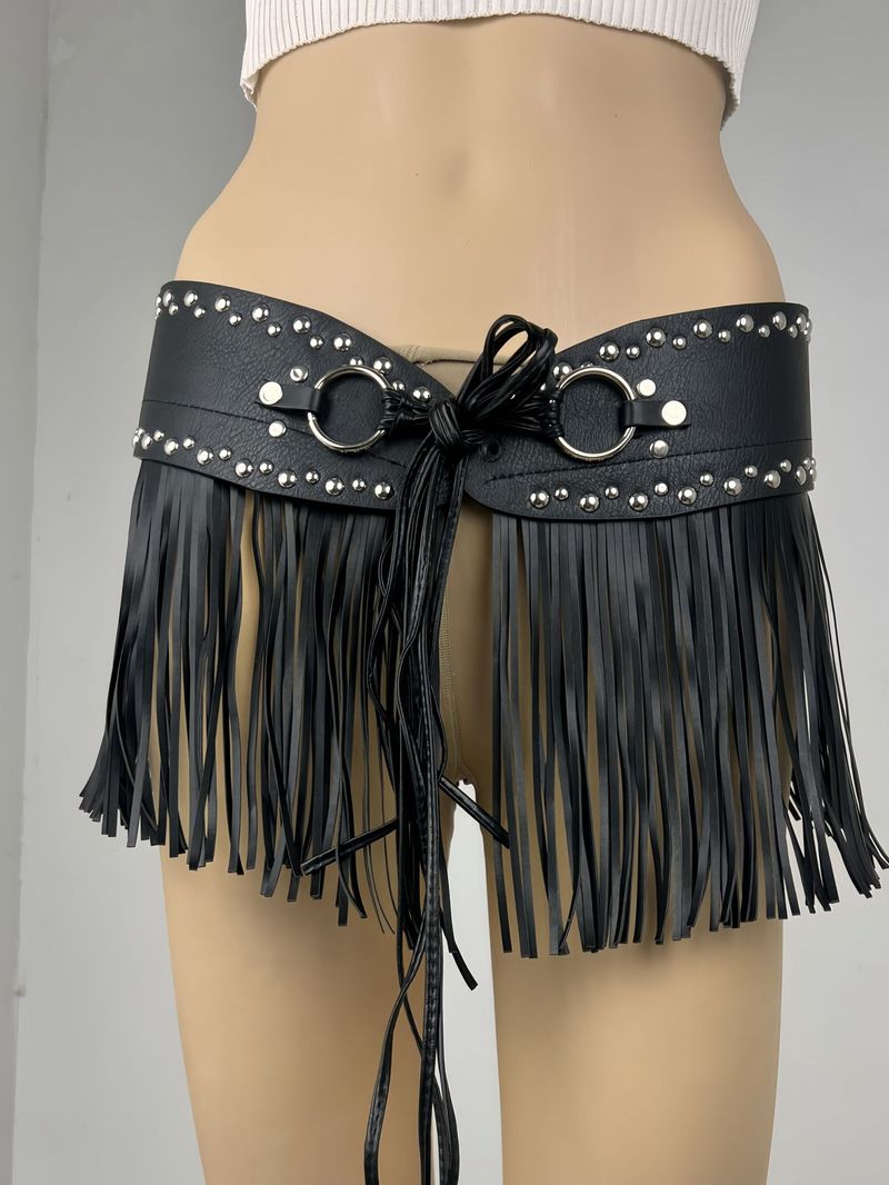 Punk Rock Fringe Waist Cincher - Adjustable Wide Belt With Chains & Studs For Edgy Layering_voghion.com