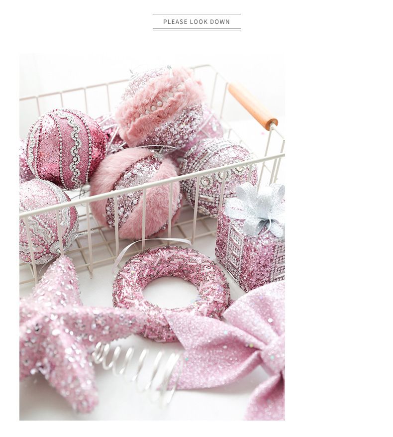 Christmas Pink Ball Ornaments Set - Foam Decorative Hanging Balls For Tree DIY Holiday Decorations With Bow Star Beads & Glitter (6 Styles)_voghion.com